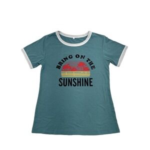 Women T-Shirt "Bring On The Sunshine" Short Sleeve Small Teal Blue vintage vibes